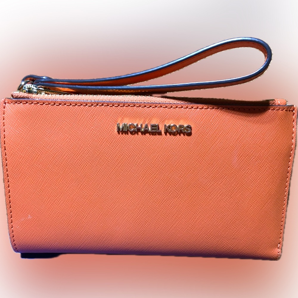 Michael Kors Jet Set Saffiano Leather Double Zip Wallet Wristlet Pumpkin Orange